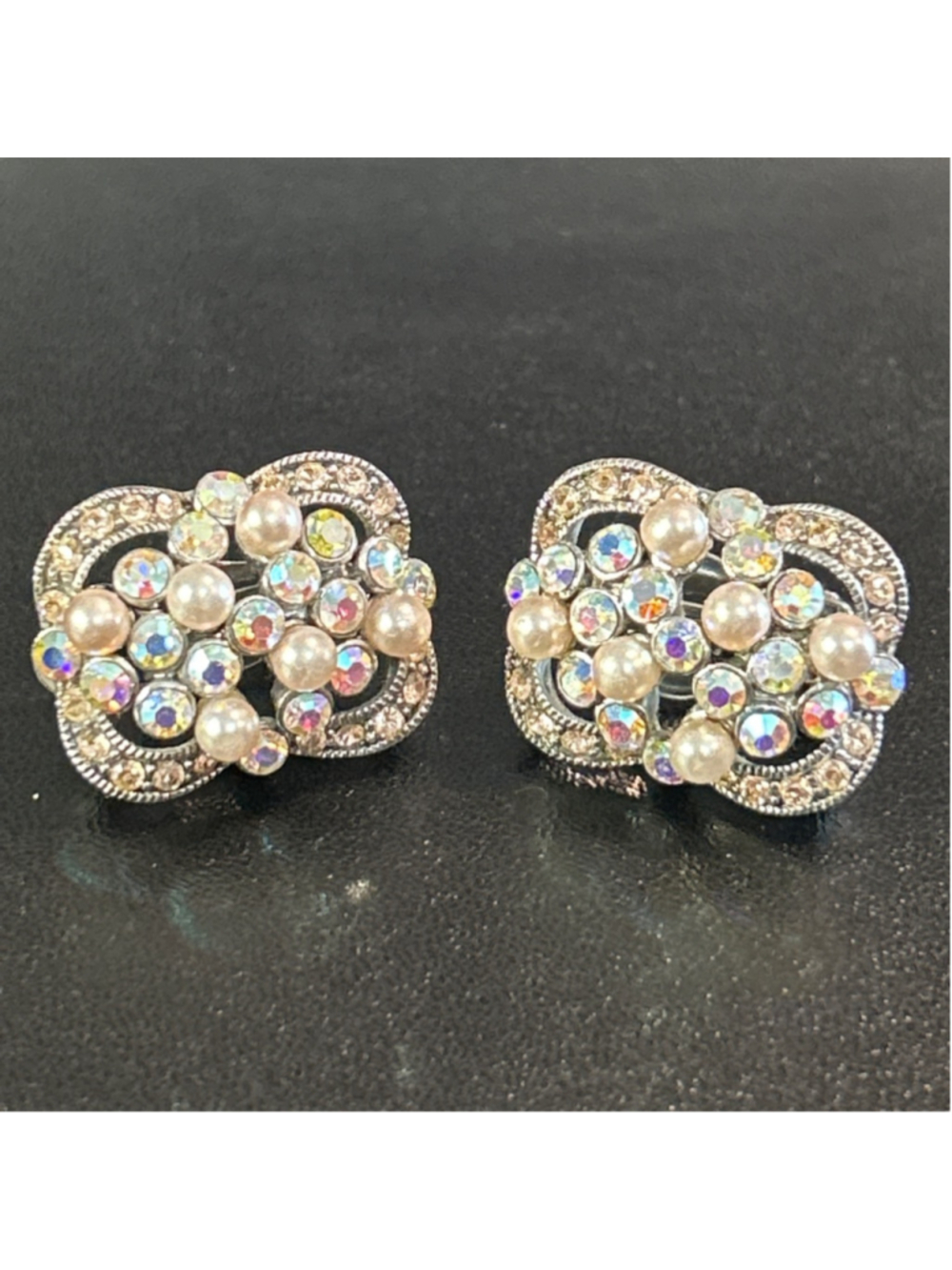 Carolee Silver Iridescent Pearl & Crystal Aurora Borealis Clip-On Earrings